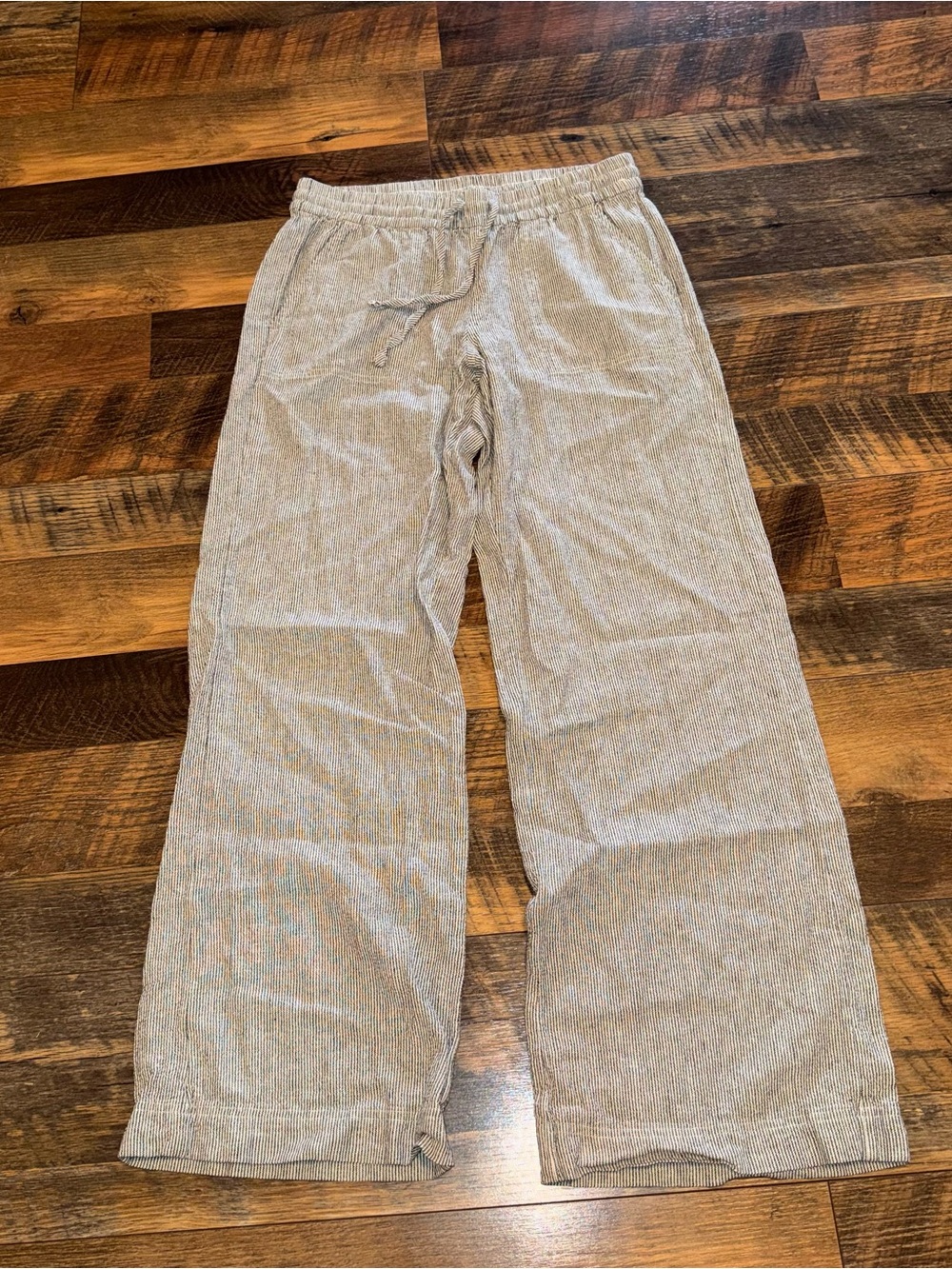 Caslon Wide-Leg Pull-On Linen Blend Light Gray and White Striped Pants